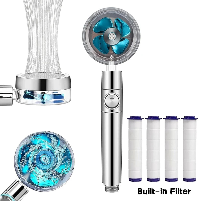 Shower head with built-in filter and four filters on a white background